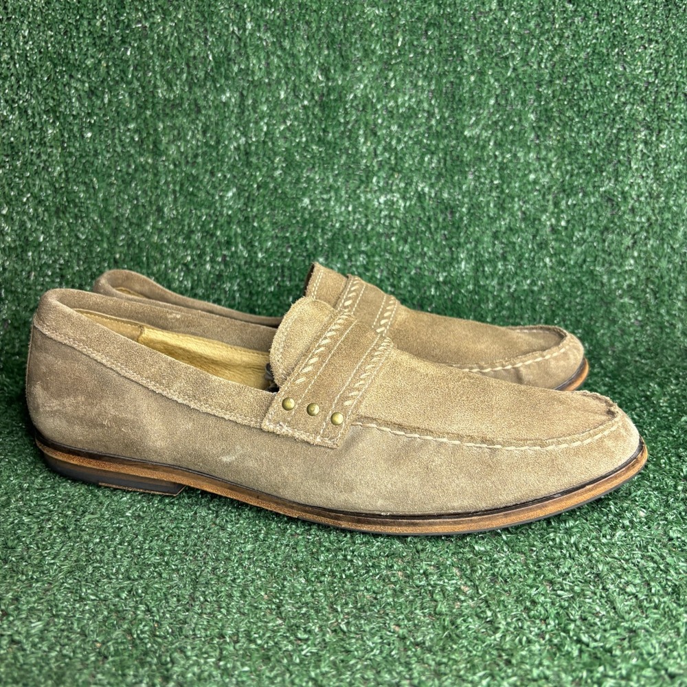 John Varvatos Suede Studded Braided Trim Loafers Slip On Shoes Tan Mens Sz 11.5